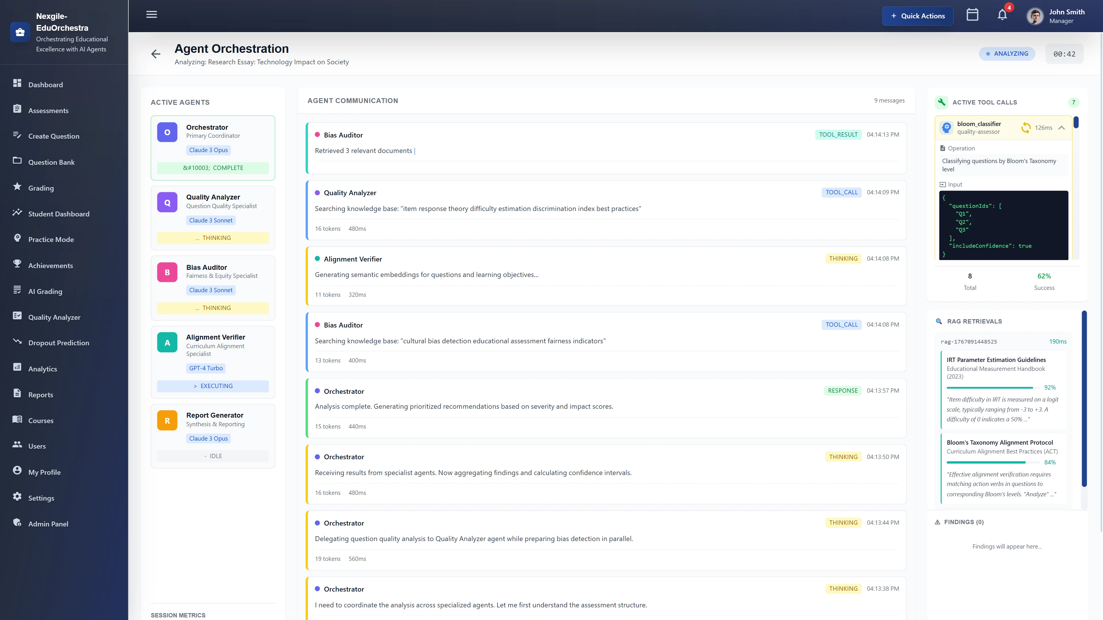 Illustrative preview (sample data, not verified outcomes): Agent Orchestration - Active agents with status indicators, real-time agent communication logs, tool calls, and RAG retrievals with relevance scores